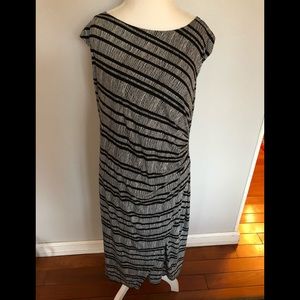 Loft side ruched black + white striped dress.